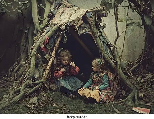Two Girls Sitting in a Woodland Shelter