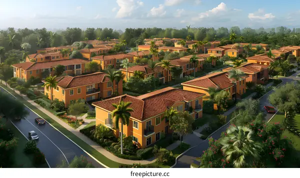 An illustration of a residential area with orange-tiled houses and palm trees