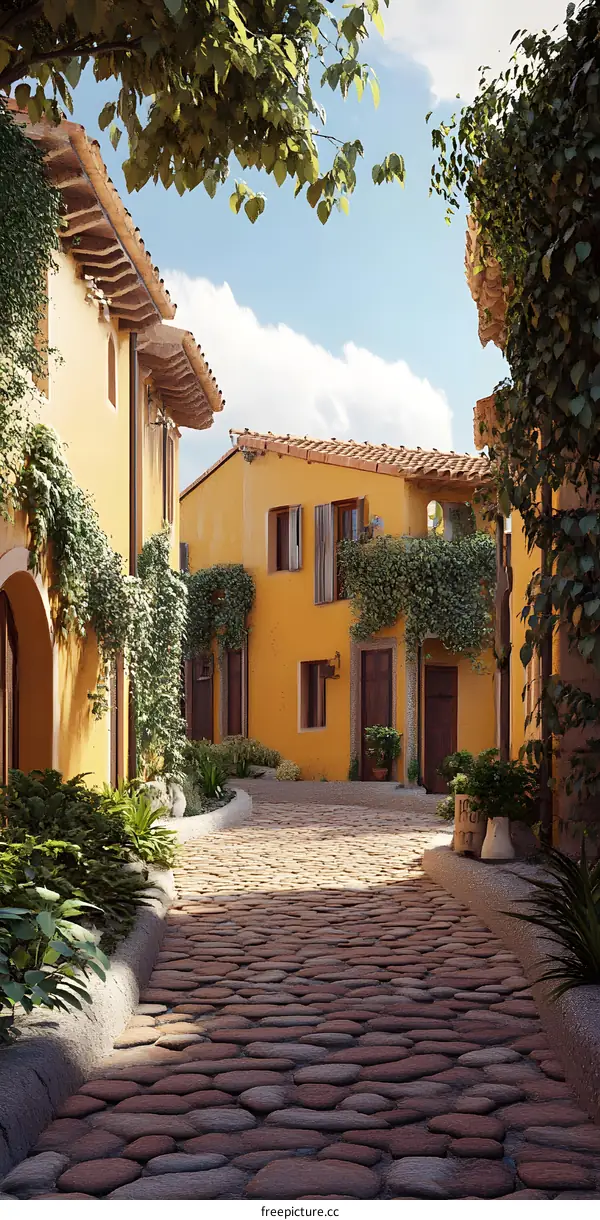 Cobblestone Street with Yellow Buildings and Lush Greenery in a European Village