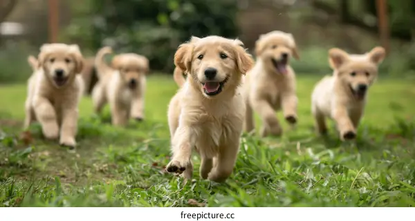 Five Golden Retriever puppies running on a grass field