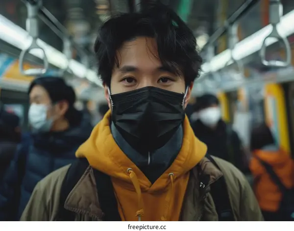Portrait of a young Asian man wearing a mask on a subway train