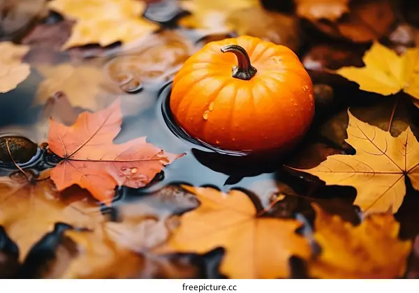 Orange pumpkin floating in water surrounded by fallen leaves