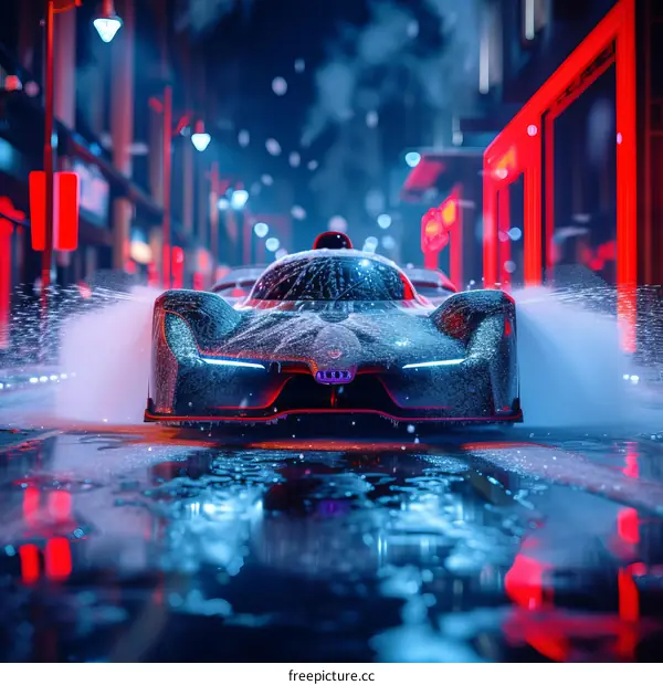 A sports car drives through a wet city street at night.