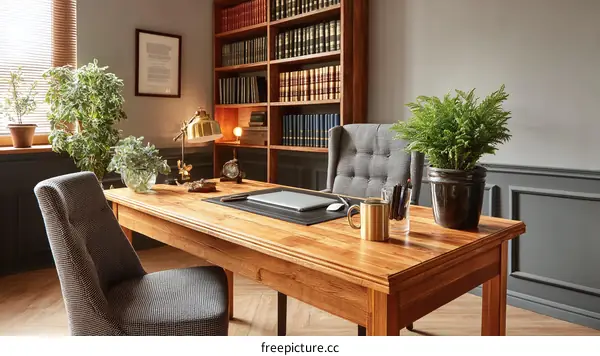 Elegant Home Office with Wooden Desk and Bookshelves