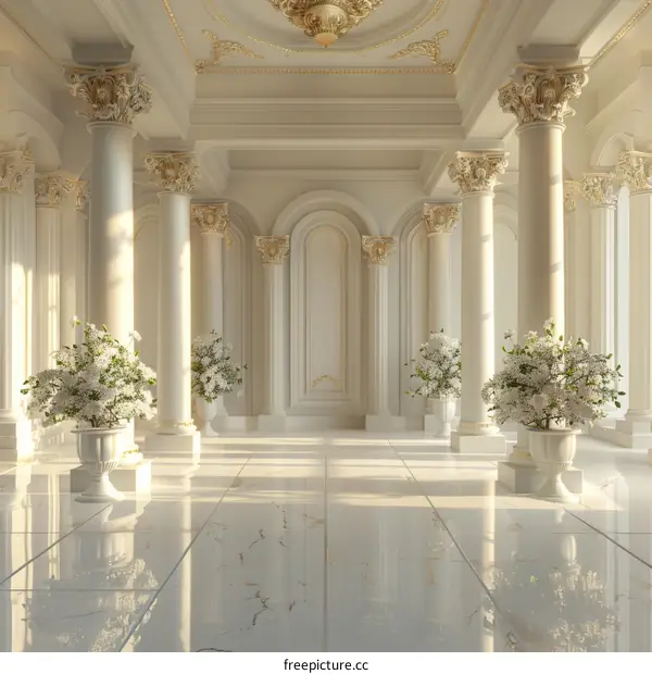 Elegant Classical Hallway with Columns and Flowers