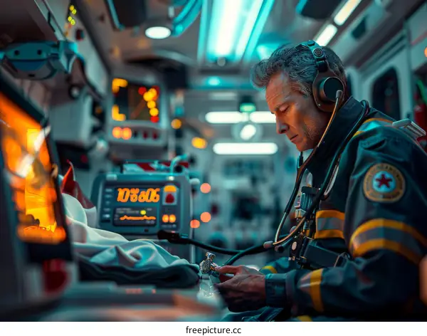 paramedic checking patient vital signs in ambulance