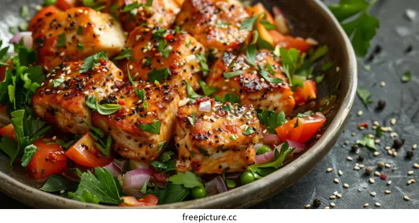 Grilled salmon cubes with fresh tomato and cucumber salad