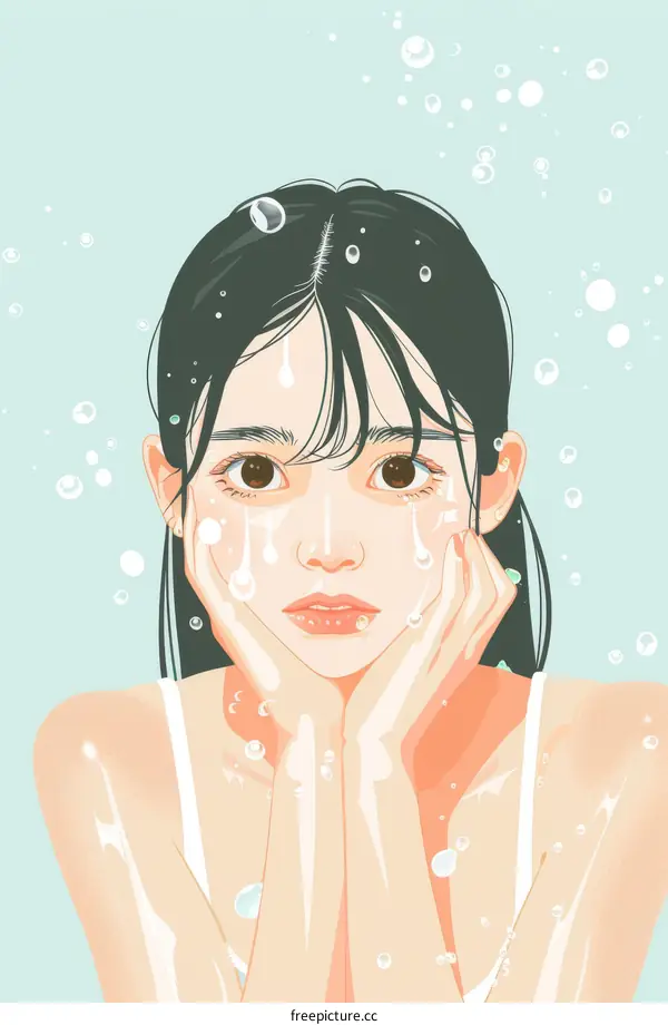 A woman with wet hair and water on her face