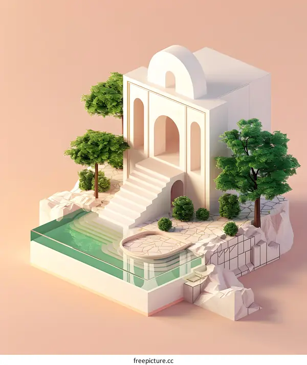 Minimalist Architecture Illustration with Pool and Green Trees