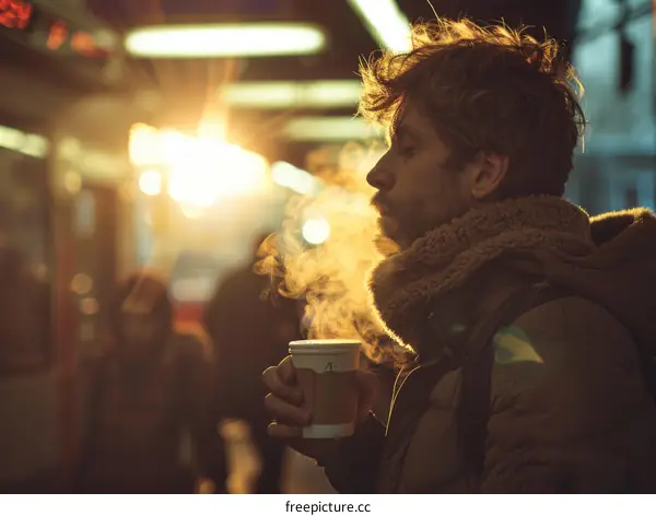 Man drinking from a cup with steam rising in the air