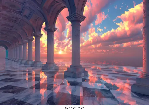 Surreal Pink Sunset over the Ocean through Archway