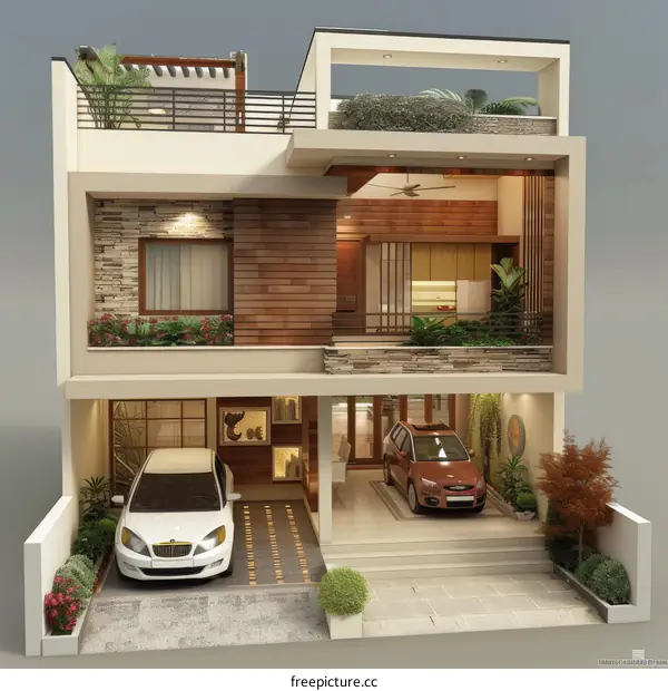 Modern Two-Story House Exterior Design Illustration