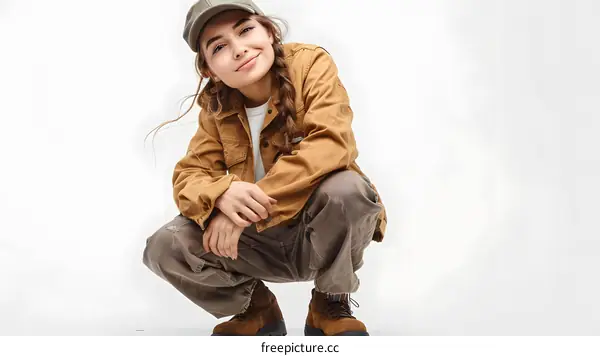 Portrait of a young girl in a brown jacket and green cap