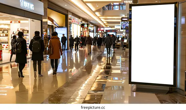 Blank Billboard in a Shopping Mall with People Walking