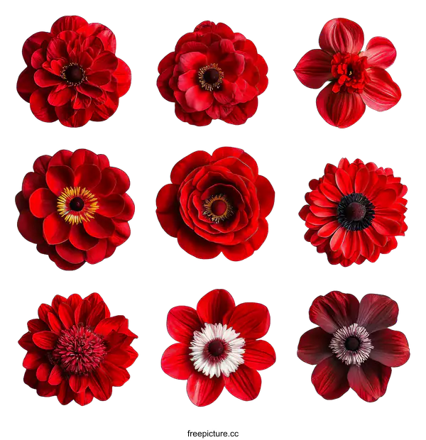 [Transparent Background PNG]Red Flowers Collection Isolated on White Background
