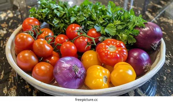 Fresh Tomatoes, Onions, and Parsley in a Bowl