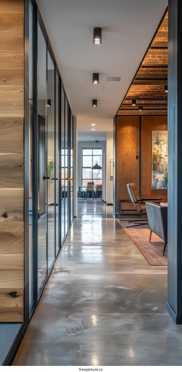 Modern Office Interior with Glass Walls and Wooden Features