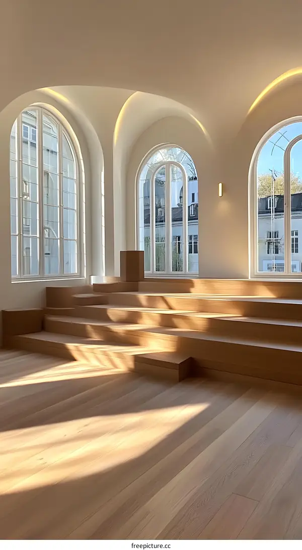 Modern Architecture Interior Design With Wooden Steps and Arched Windows