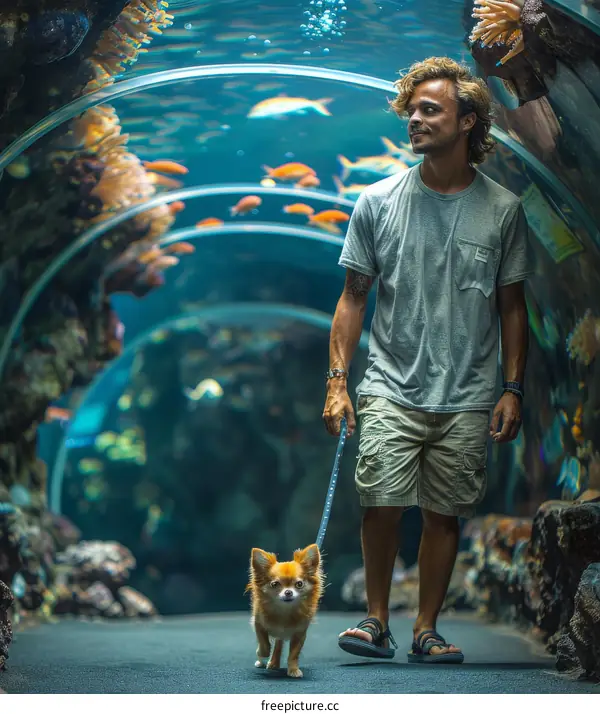 A man and his chihuahua in an aquarium