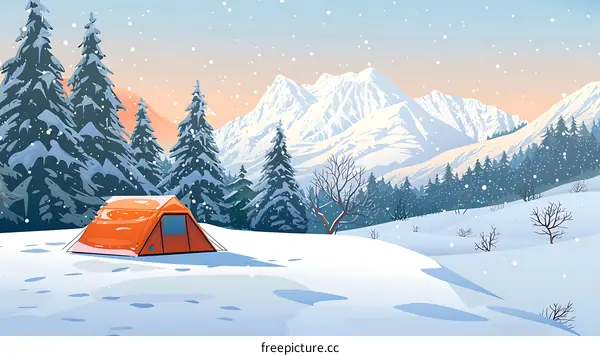 Winter Landscape With Tent And Mountains