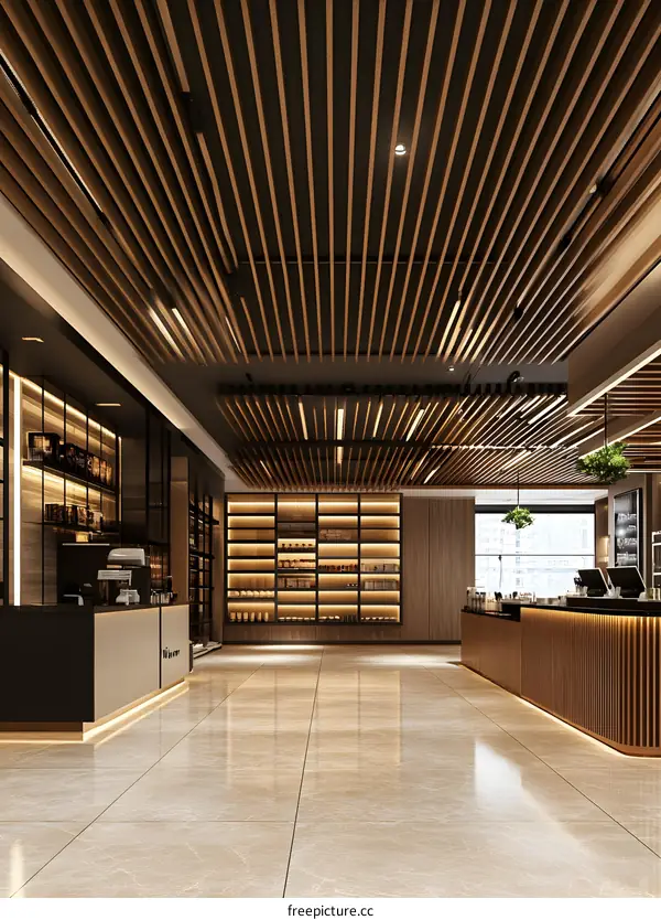 Modern Minimalist Store Interior Design With Wooden Ceiling