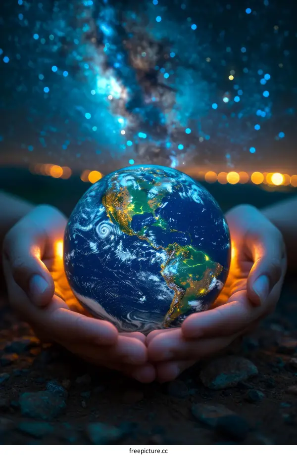 Glowing Earth in  Human Hands with Stars in the Background