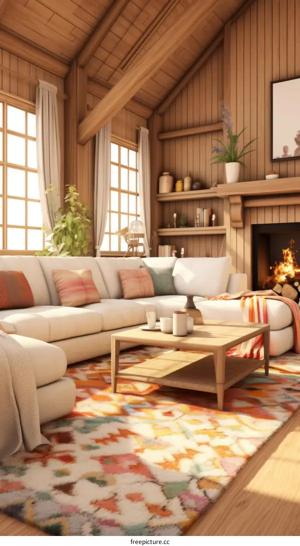 Cozy living room interior with fireplace and large windows