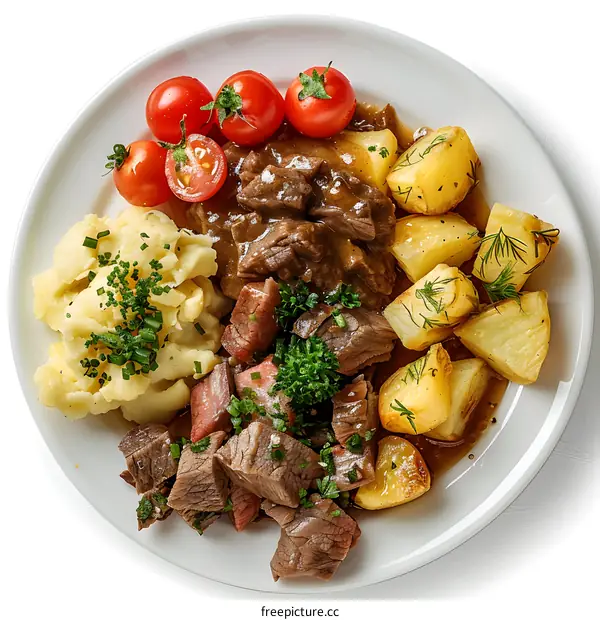 Beef stew with mashed potatoes and roasted potatoes
