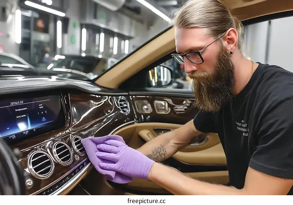 Interior Car Detailing by Caucasian Male Worker