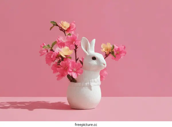 Easter Bunny with Spring Flowers on a Pink Background