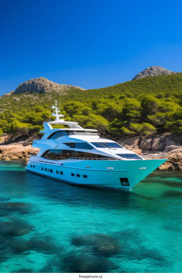 A pristine white yacht is anchored in a secluded cove with crystal clear water.