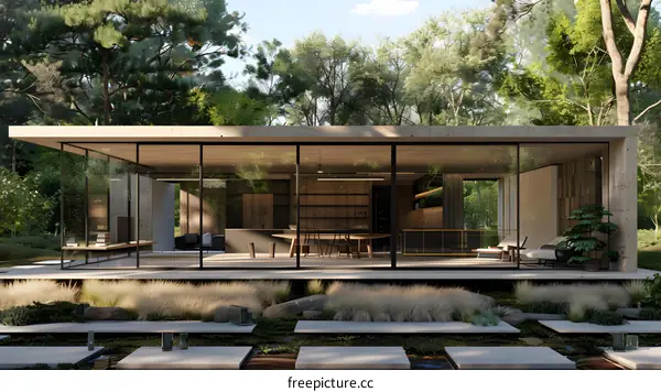 Modern Glass House Surrounded By Lush Greenery