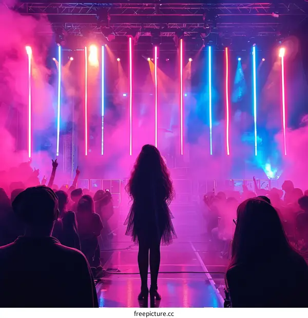 Nightclub with people dancing and colorful lights