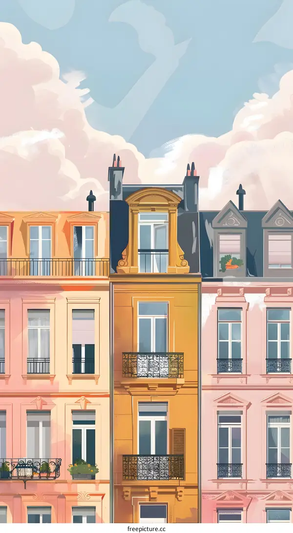 Colorful Parisian Buildings with Balconies and Windows
