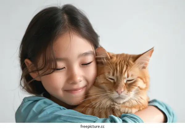 A girl hugging an orange cat