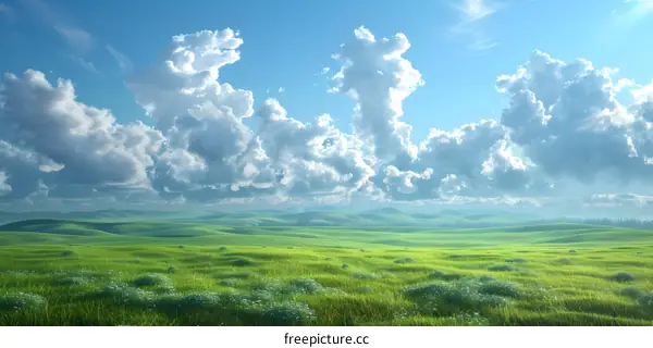Beautiful green rolling hills landscape under a blue sky with white clouds