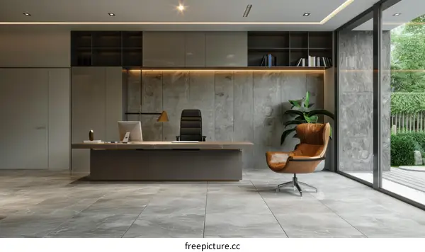 Modern Marble Office Interior with Large Windows