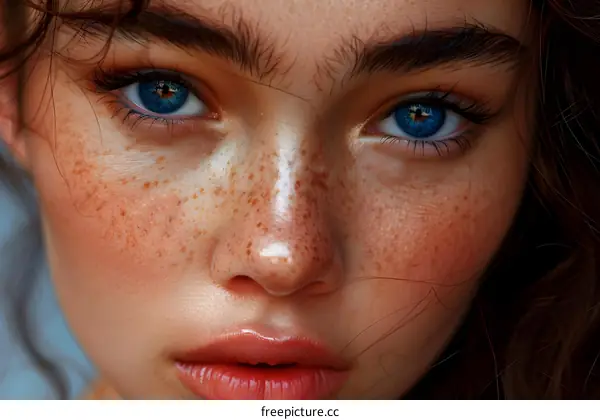 Close Up Portrait of a Woman with Blue Eyes and Freckles