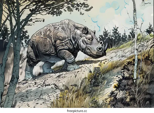 Illustration of a prehistoric rhinoceros in a woodland setting