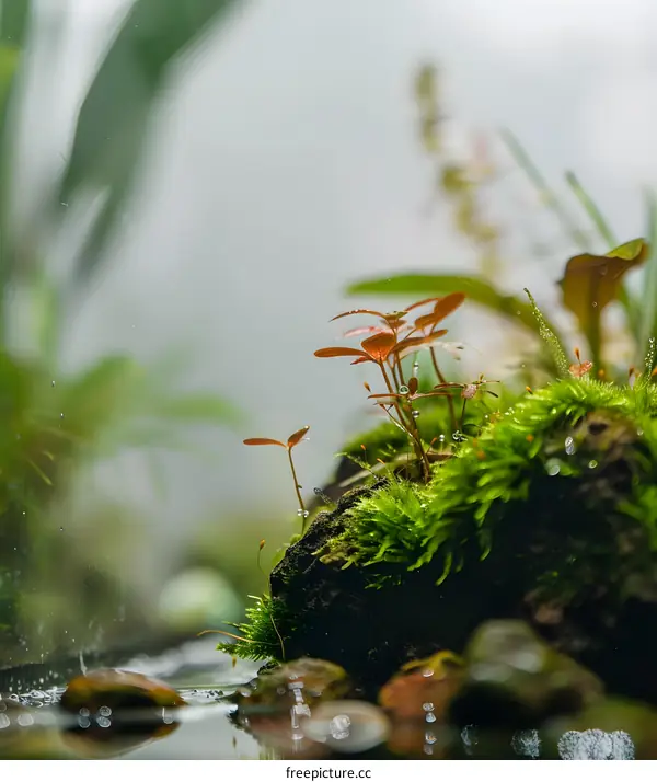 Closeup of a Green Moss Covered Rock in a Stream
