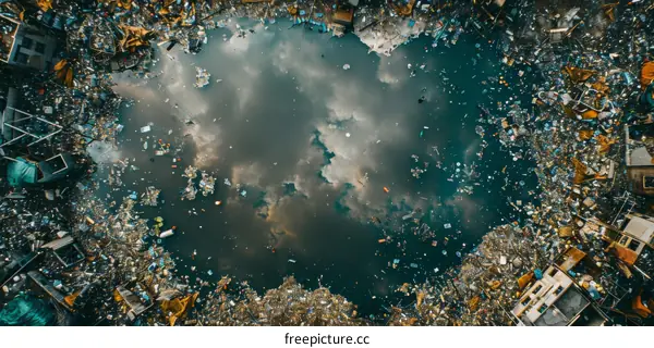 An Aerial View of a Polluted Body of Water Surrounded by Trash and Garbage