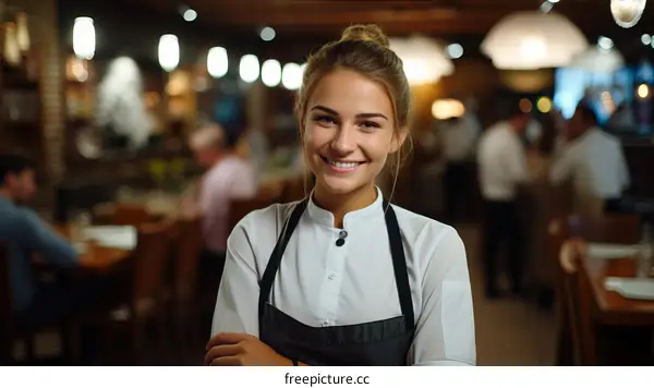 Portrait of a young female chef smiling in a restaurant