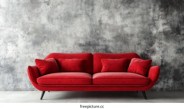 Red Velvet Sofa Against a Textured Concrete Wall