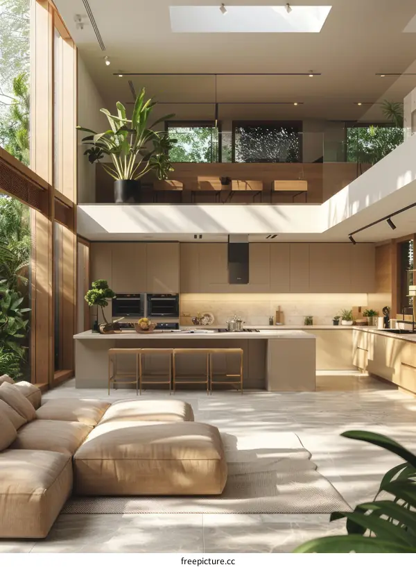 Modern house interior design with open floor plan and lots of natural light