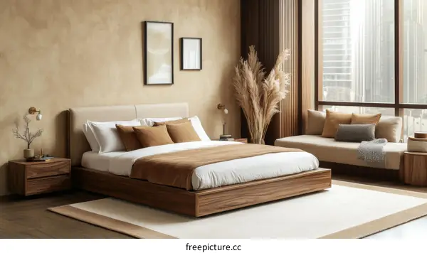 Modern Wooden Bedroom with Beige Walls and Tan Accents