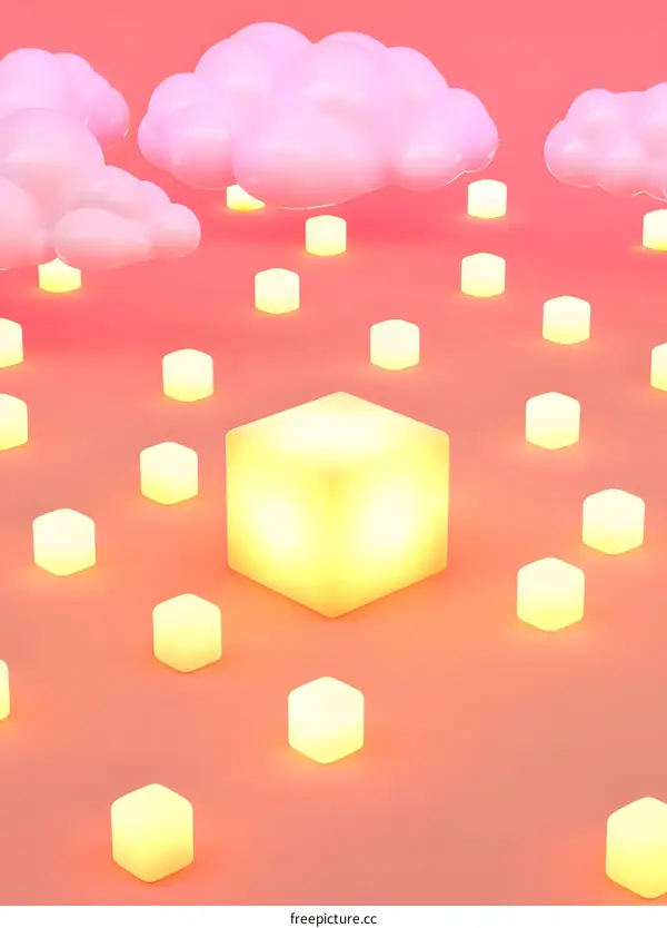 3D Rendered Pink Clouds and Glowing Cubes