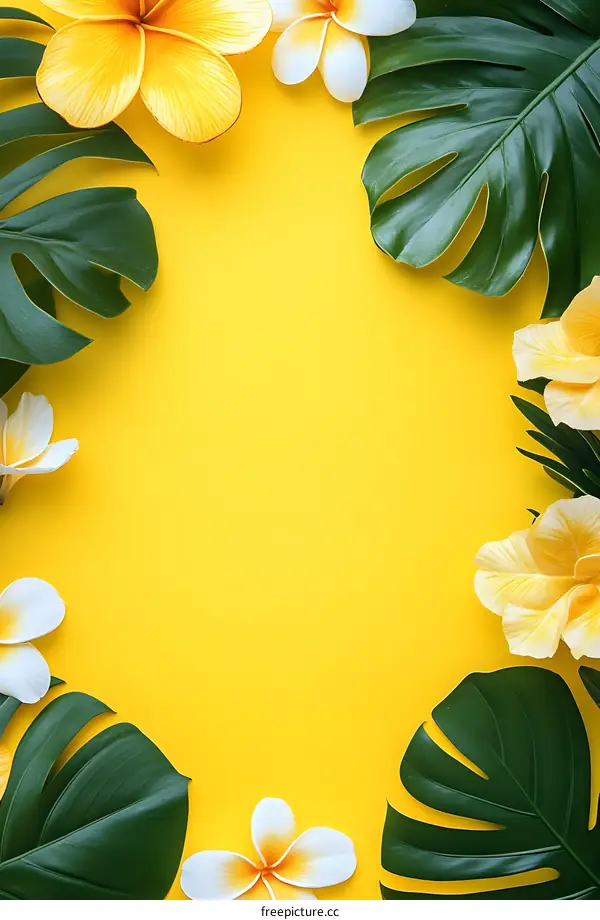 Yellow Tropical Flowers and Leaves on a Yellow Background
