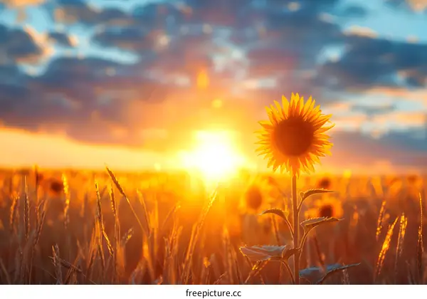 Sunflower field with a single sunflower in the foreground