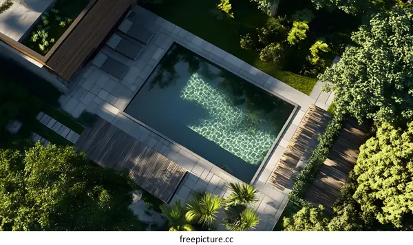 Aerial View of a Modern Swimming Pool and Backyard