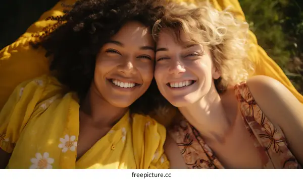 Two young multiracial women smiling at the camera